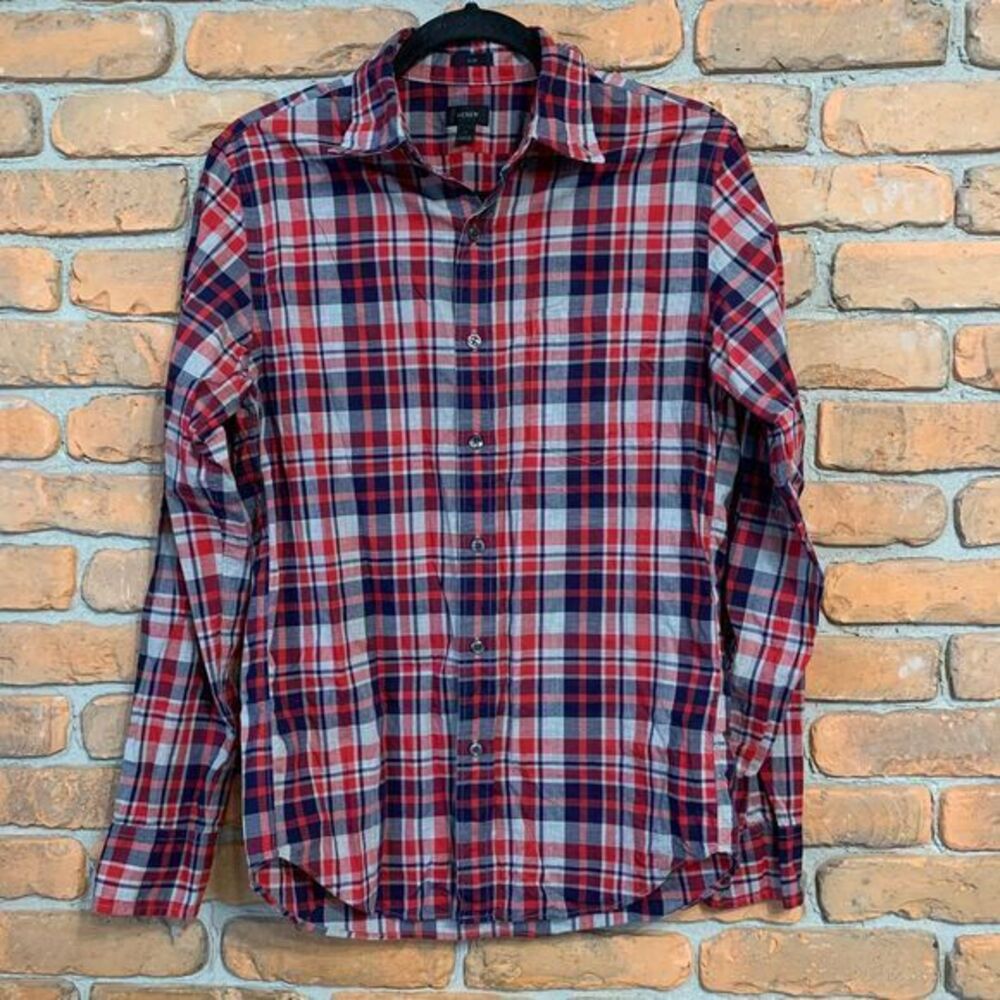 J.Crew Top Men's Size Small Red Navy Plaid Slim Fit Button Down Cotton Shirt